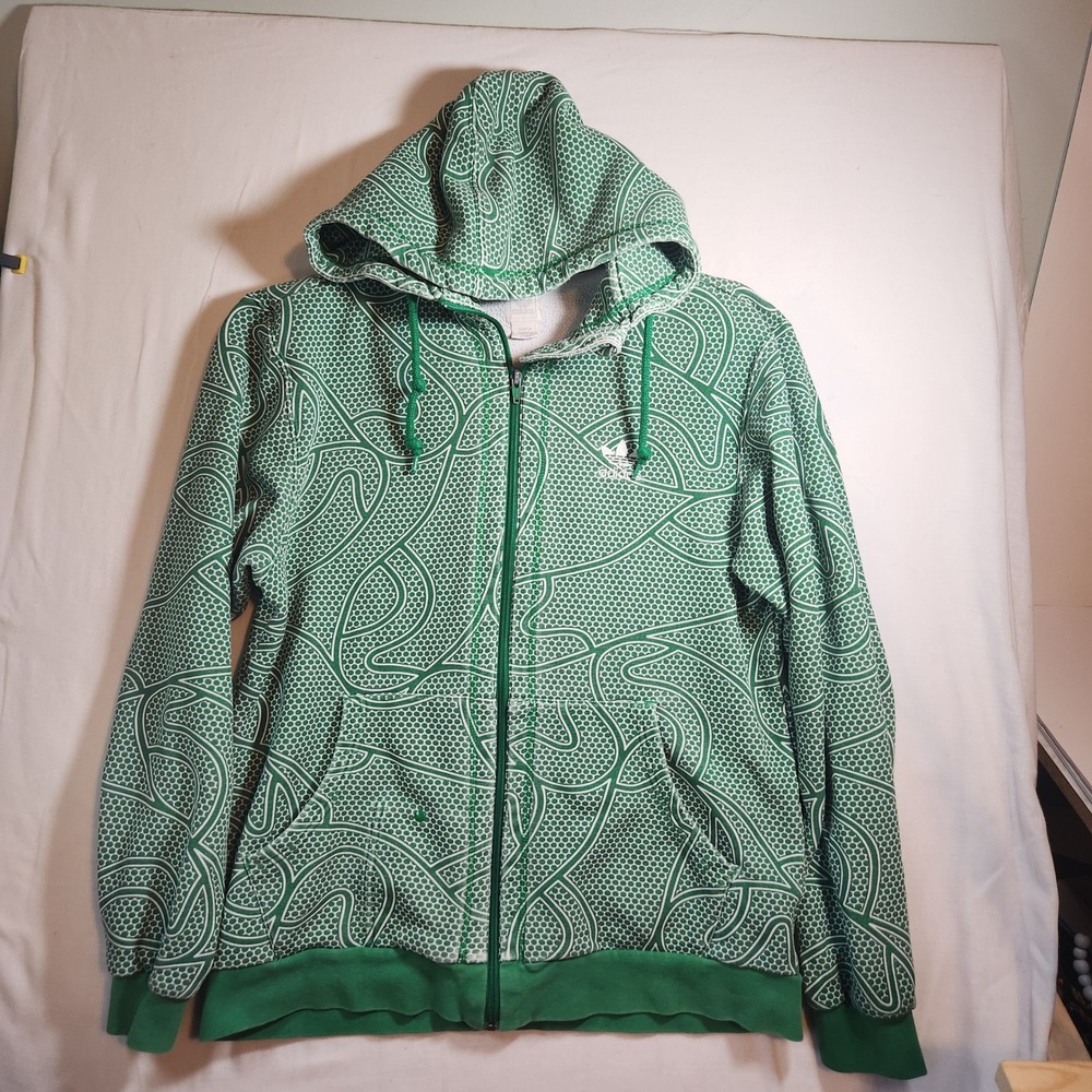 Adidas‎ Originals Mens Green Geometric Dot Print Full Zip Hoodie Trefoil Size M